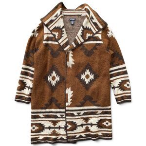 Boho Southwestern Tribal Print Long Open Front Cardigan Sweater Max Studio Large